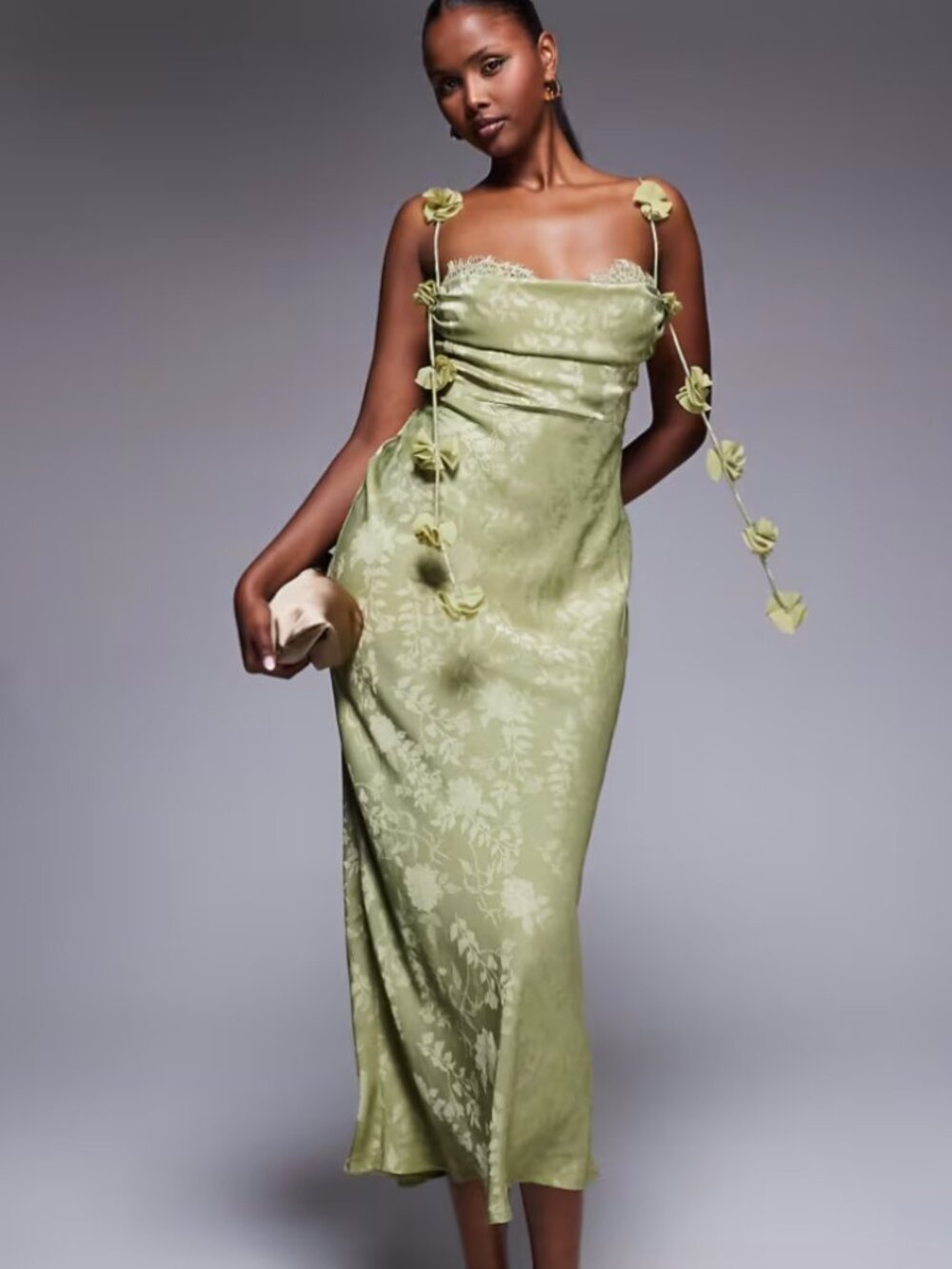 Rare London Satin Jacquerd Petal Strap Dress